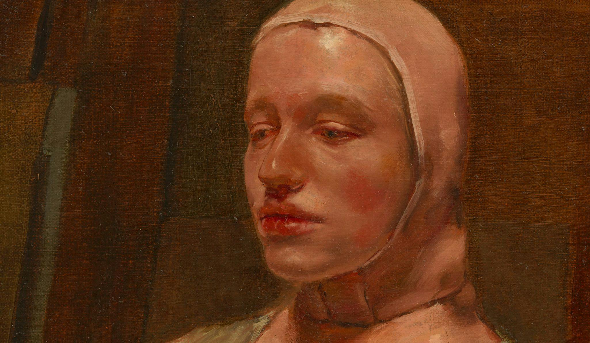 A detail of a painting by Michaël Borremans  titled The Double, dated 2022